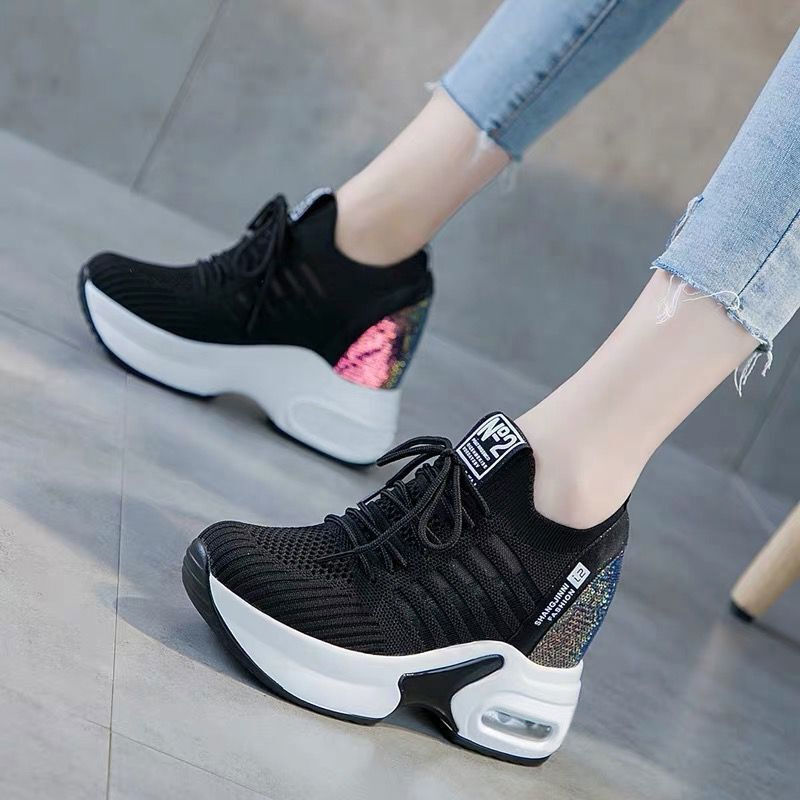 Knit Fabric Lace Up Sneakers - 2025 Spring Sequined Casual Shoes Women's